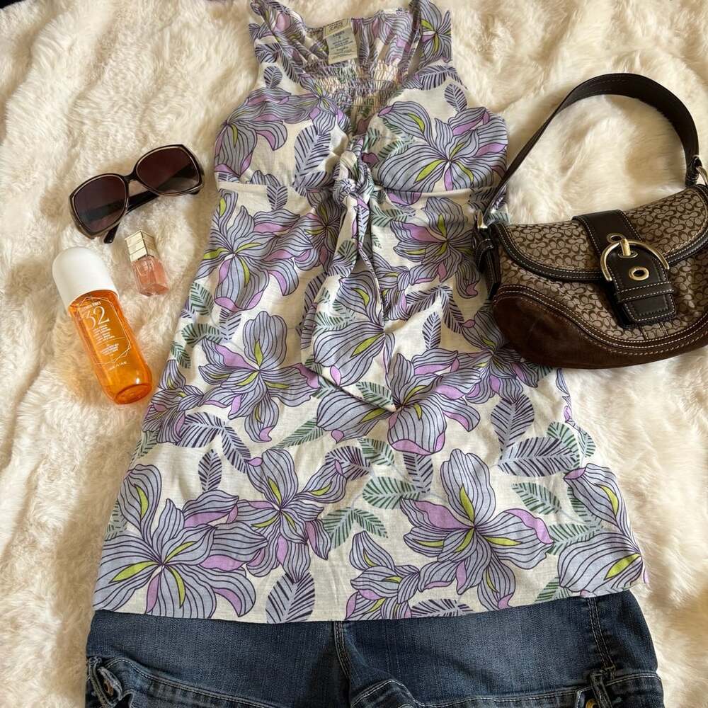 725 Originals Floral Tie Front Dress Size S Purple White Polyester